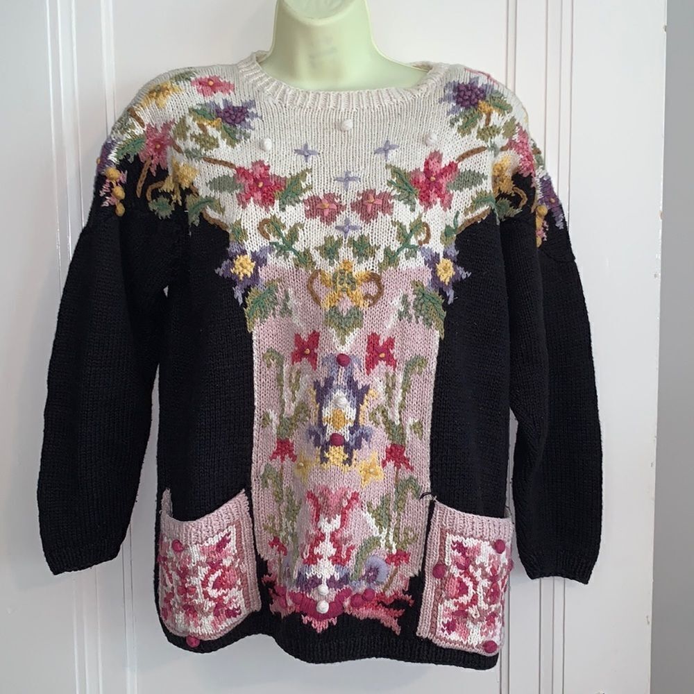 Vtg Jennifer Reed thick knit long floral sweater